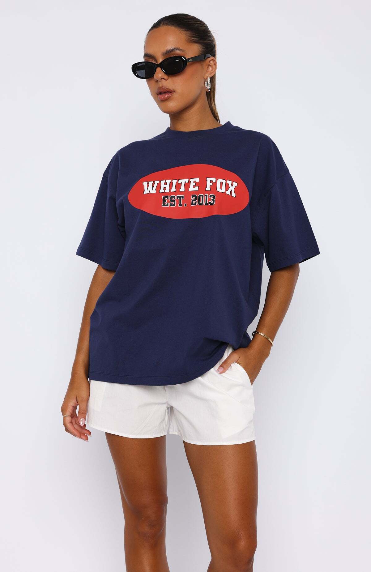 Running From You Oversized Tee Navy - WHITE FOX